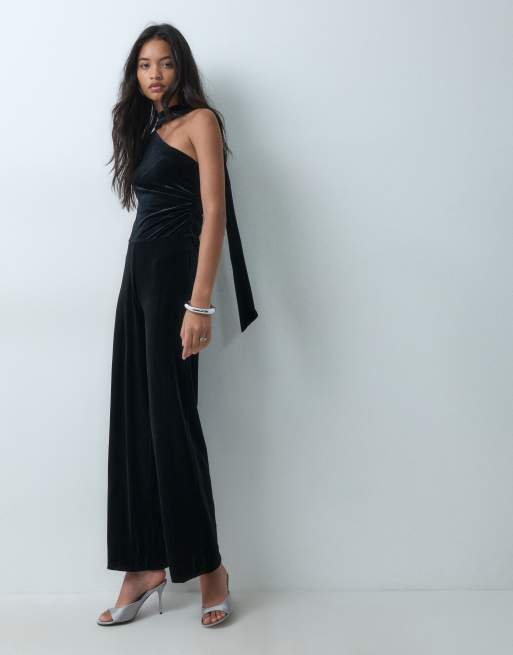 Mango jumpsuit med bindebånd i halsen, én skulder og velour i sort, 2 af 10