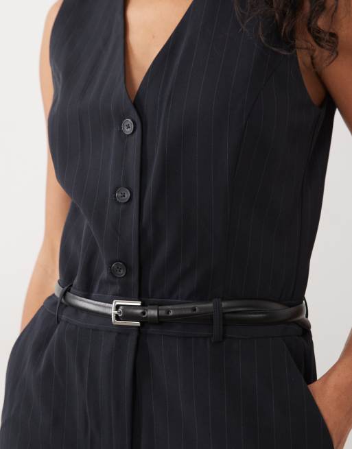 Mango jumpsuit med v-ringning, skärp och figursydd passform i marinblå pinstripe, 3 av 4