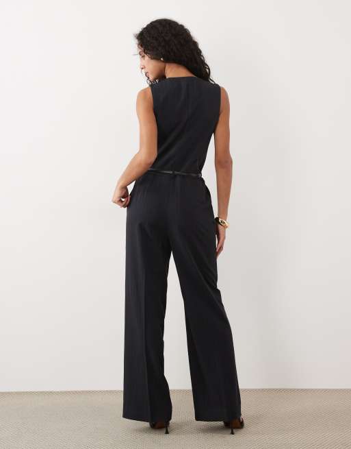 Mango jumpsuit med v-ringning, skärp och figursydd passform i marinblå pinstripe, 4 av 4