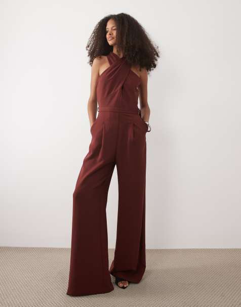 Mango - Jumpsuit met gedraaid detail, halternek en riem in dieprood - view 1