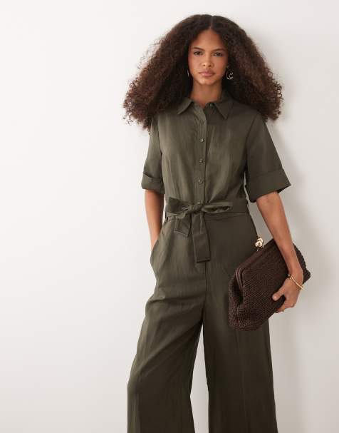 Mango - Jumpsuit met korte mouwen en gestrikte taille in kaki - view 1