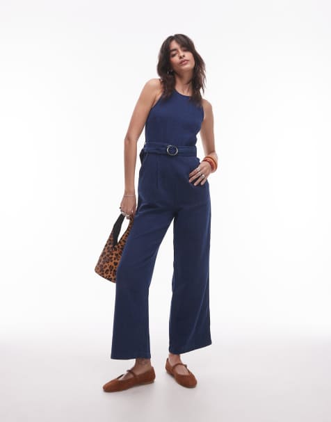 Mango - Jumpsuit met rechte pijpen en riem in indigoblauw - view 1