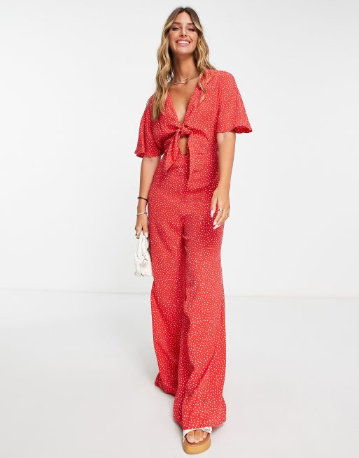 Mango Jumpsuit met strik voor en wijde broekspijpen in rood met