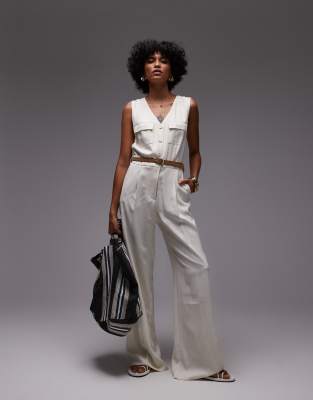 Mango - Jumpsuit mit Westendesign in weißer Leinenoptik mit Gürtel-Neutral