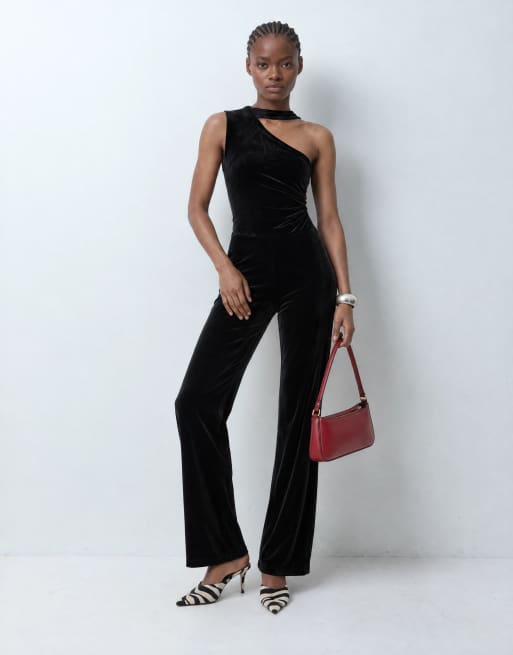 Mango jumpsuit van fluweel met strik bij de hals en één schouder in zwart, 10 van 10