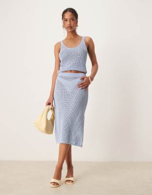 Mango - Jupe droite mi-longue d'ensemble au crochet ornementée - Bleu ciel