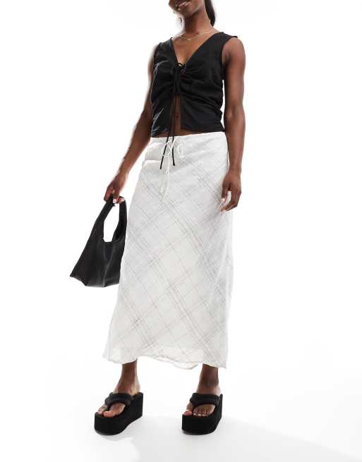 Mango Jupe en lin melange leger a carreaux Blanc ASOS