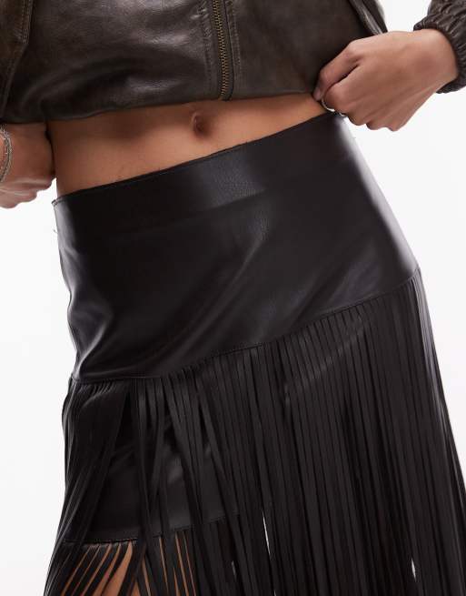 Mango Jupe frangee en similicuir Marron ASOS