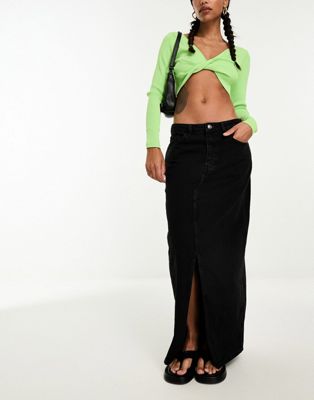Mango front split denim maxi skirt in black - ASOS Price Checker