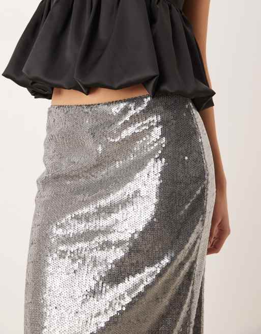 Mango - Jupe mi-longue à micro sequins - Argenté, 4 de 5
