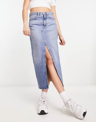 Mango - Jupe mi-longue fendue sur l'avant en denim - Bleu | ASOS