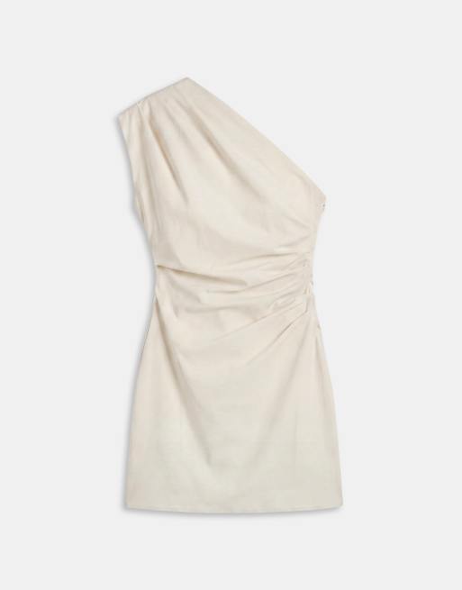 Mango jurk met één blote schouder, gerimpeld, mini, crème, 5 van 7