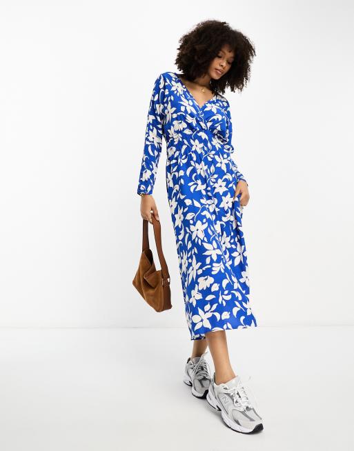 Mango Jurk met overslag en bloemenprint in blauw