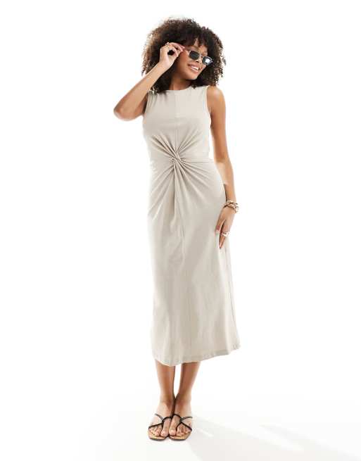 Mango - Jurk van jersey met geknoopte taille in beige