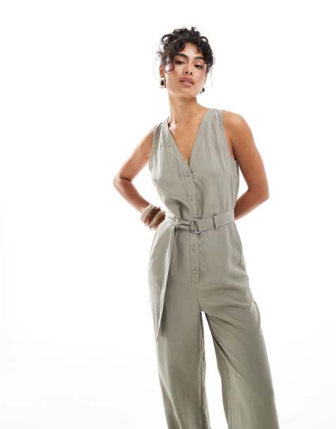 Mango – Kakifärgad jumpsuit i linnemix med v-ringning - view 1