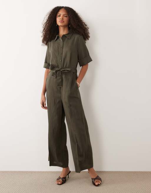 Mango - Kakigrøn kortærmet jumpsuit med bindebånd i taljen, 2 af 4