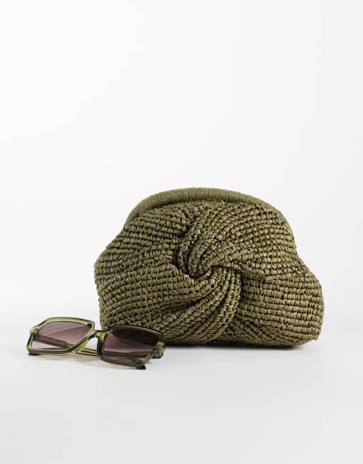 Mango - Kakigrøn lille clutch-taske i raffia med knudedetalje og aftagelig kæde, 2 af 4