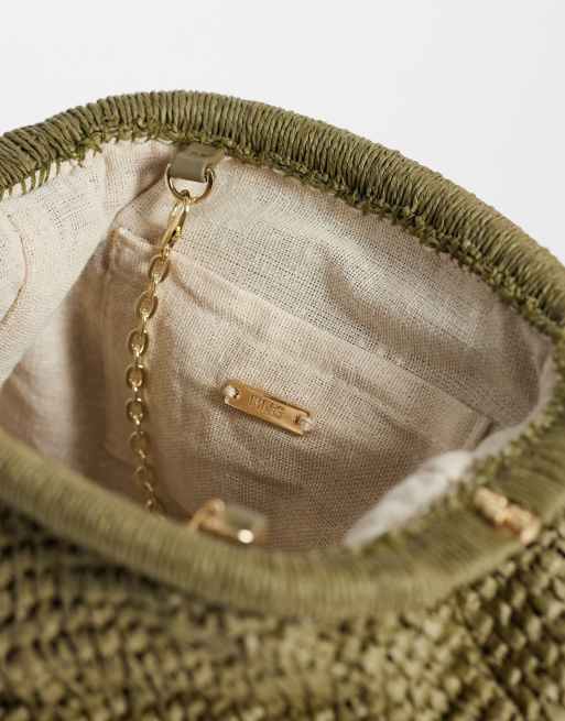 Mango - Kakigrøn lille clutch-taske i raffia med knudedetalje og aftagelig kæde, 3 af 4