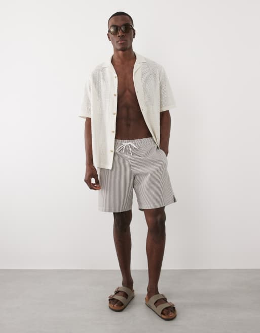 Mango - Kakigrønne badeshorts i seersucker med striber, 2 af 5