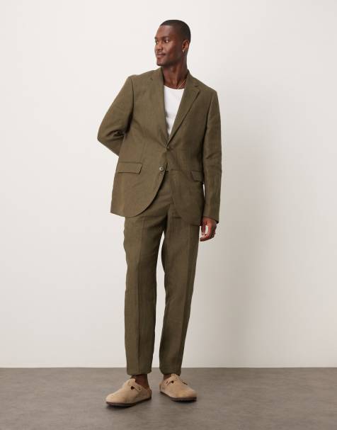Mango - Kakigrønt jakkesæt i hør i slim fit - view 1