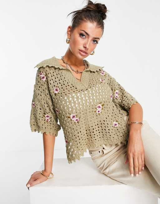 Mango – Kakigrön, virkad topp med blommor och krage