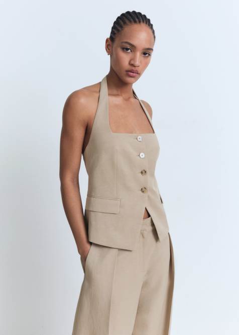 Mango – Kamiennobeżowa elegancka kamizelka z dekoltem halter z domieszką bawełny, część zestawu - view 1