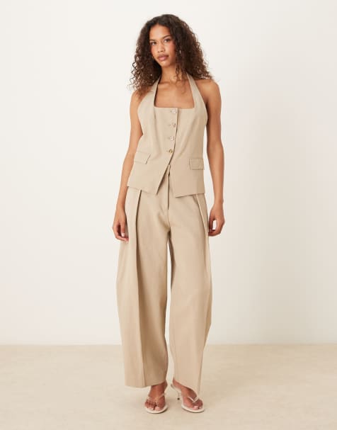 Mango – Kamiennobeżowy elegancki zestaw: kamizelka z dekoltem halter i spodnie - view 1