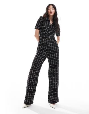 Mango - Karierter Tweed-Jumpsuit in Schwarz