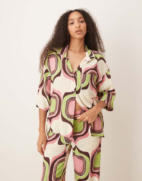 Mango – Kastiges Hemd in Beige mit abstraktem Retro-Geo-Print, Kombiteil - view 1