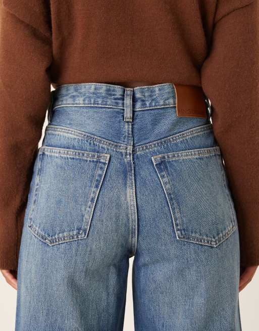 Mango - Katoenen jeans met wijde pijpen en omgeslagen boord in medium blauw, 4 van 5