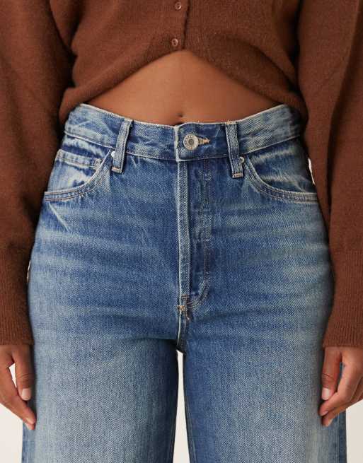 Mango - Katoenen jeans met wijde pijpen en omgeslagen boord in medium blauw, 5 van 5