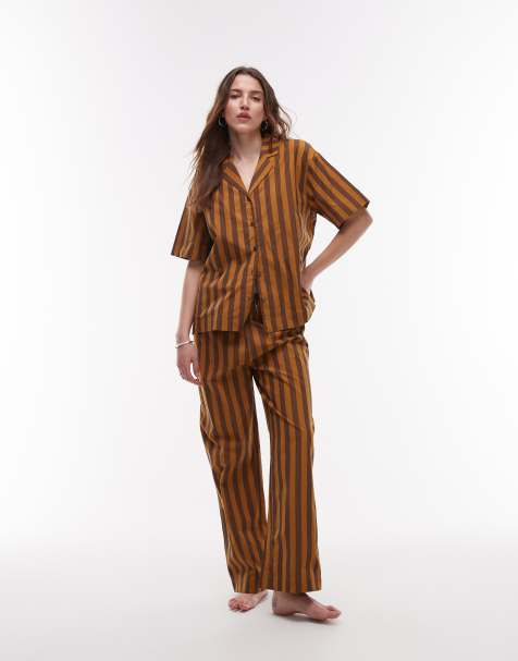 Mango - Katoenen pyjamabroek met wijde pijpen in bruin met strepen in dezelfde tint, deel van co-ord set - view 1