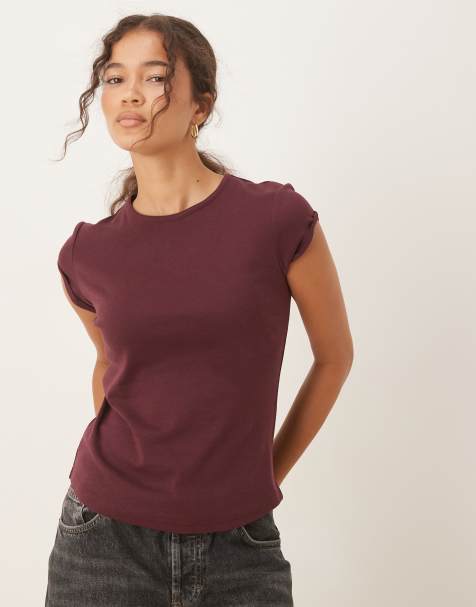 Mango - Katoenen T-shirt met kapmouwen in bordeauxrood - view 1