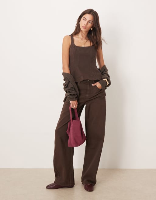 Mango - Katoenen top met bandjes, baleinen en peplum in bruin, deel van co-ord set , 2 van 4