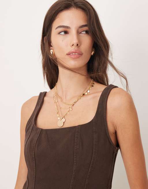 Mango - Katoenen top met bandjes, baleinen en peplum in bruin, deel van co-ord set , 3 van 4