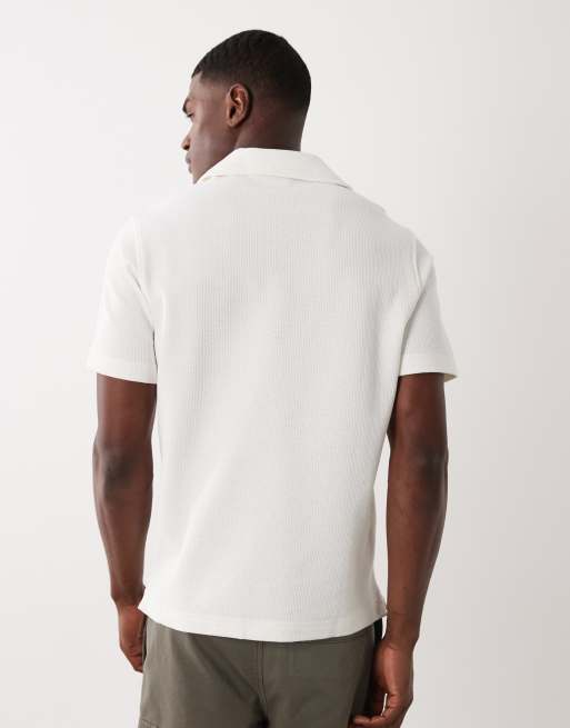 Mango - Katoenrijk gebreid T-shirt met reverskraag en textuur in wit, 3 van 5