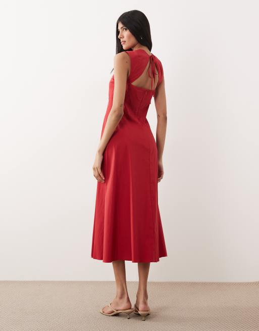 Mango - Katoenrijke mouwloze maxi jurk met hartvormige halslijn in rood, 3 van 4