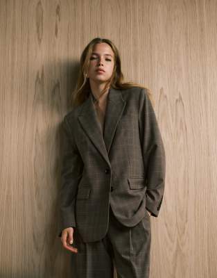 Mango - Katy - Eleganter Relaxed-Fit-Blazer in kariertem Braun, Kombiteil-Brown