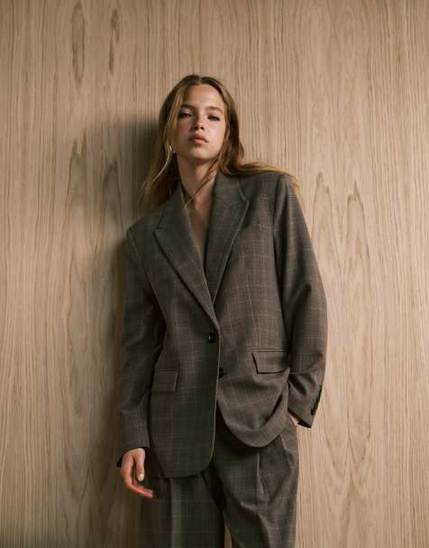 Mango Katy relaxed tailored blazer in brown plaid - part of a set - view 1