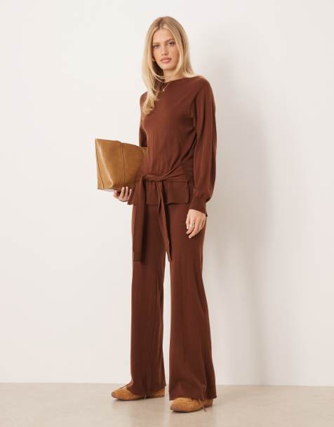 Mango Kendrik tie waist jumper co-ord in dark brown - view 1