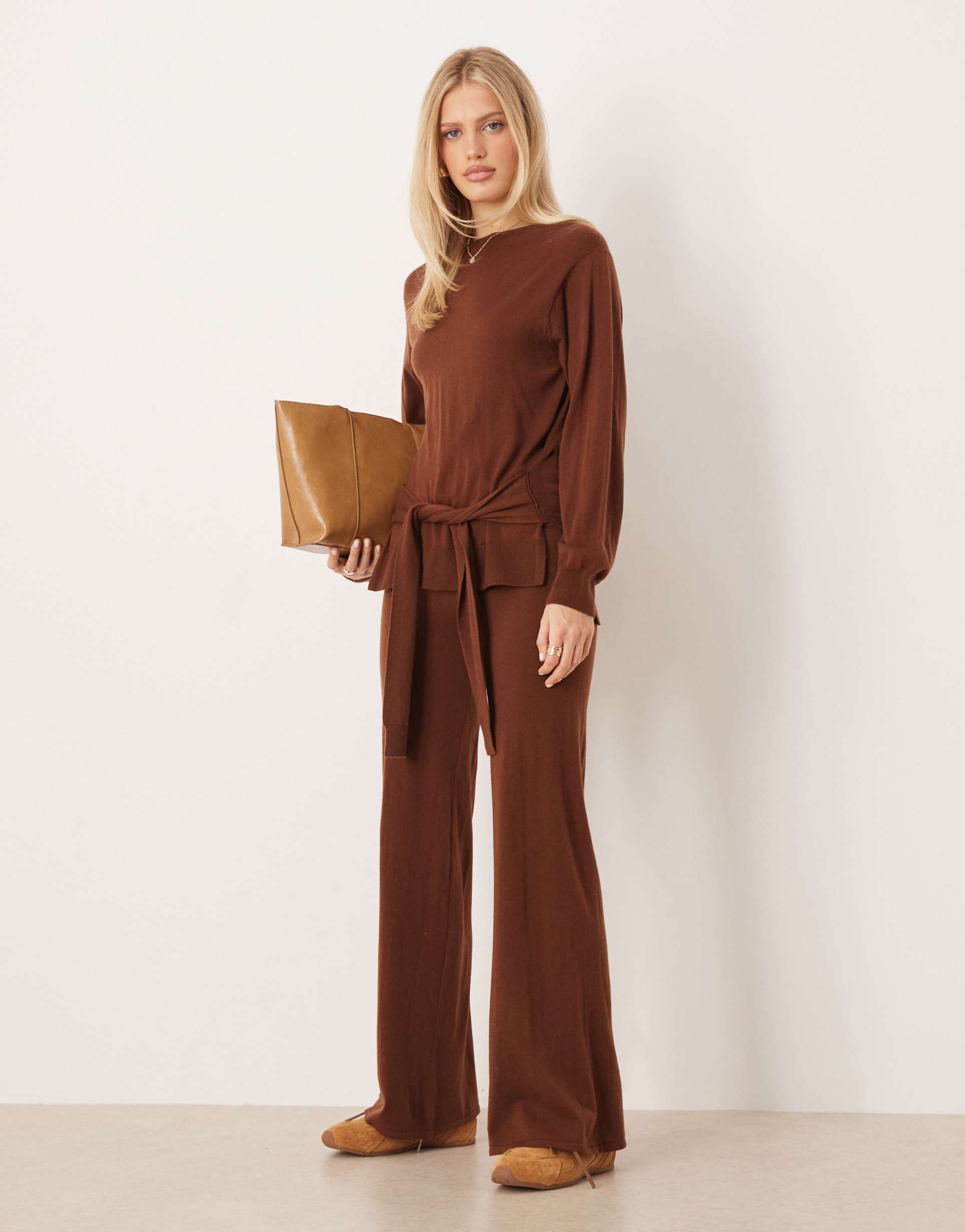 mango kendrik tie waist sweater in dark brown - part of a set