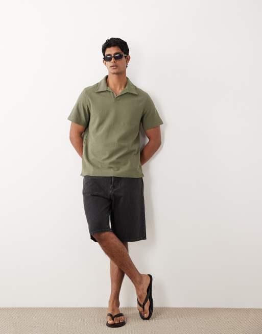 Mango - Khaki T-shirt med reverskrave og tekstur i bomuldsrigt strik, 2 af 5