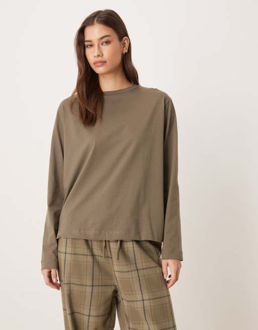 Mango – Khakifärgad flanellpyjamas i 2 delar med t-shirt och byxor i 100% bomull, 3 av 4