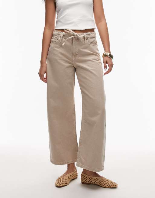 Mango Kika balloon fit mid waist jean with tie belt detail in beige, 2 of 5