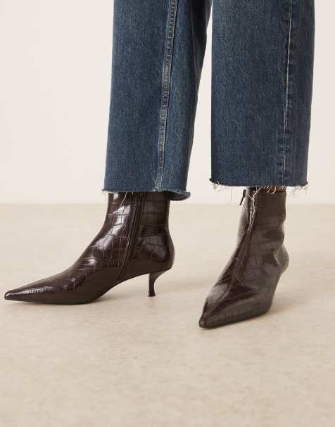 Mango kitten heel pointed ankle boots in dark brown croc - view 1