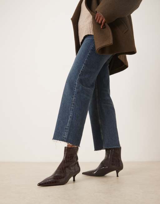 Mango kitten heel pointed ankle boots in dark brown croc ASOS