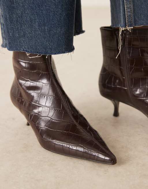 Mango kitten heel pointed ankle boots in dark brown croc