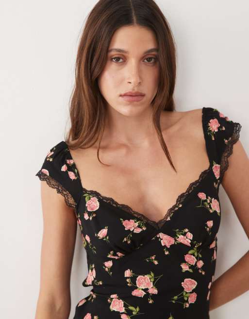 Mango kjole med hjerteformet hals i midi-længde og sort blomsterprint, 4 af 4