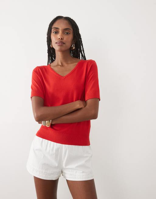 Mango – Klarröd t-shirt med v-ringning, 4 av 4