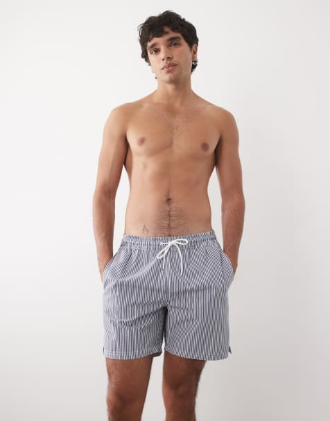 Mango - Klassieke gestreepte seersucker short in blauw - view 1